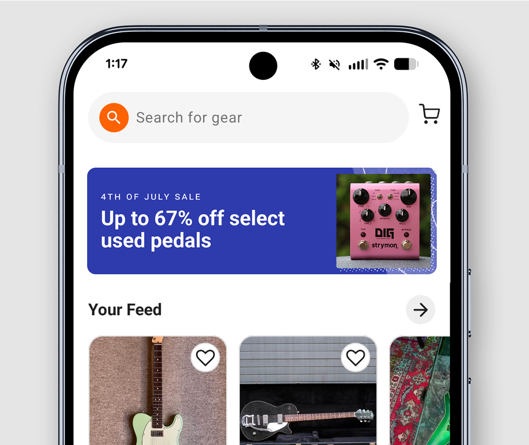 A screenshot of the Reverb homepage featuring a banner for the July 4th sale