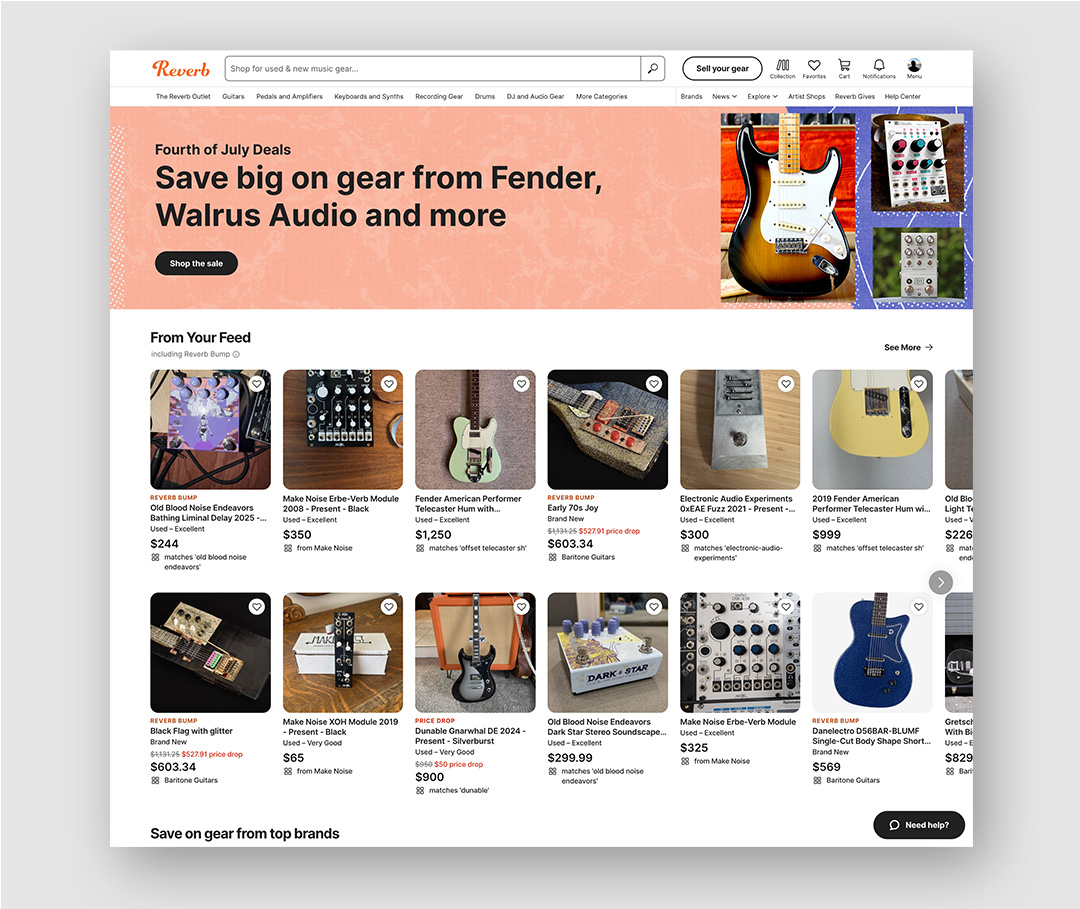 A screenshot of the Reverb homepage featuring a banner for the July 4th sale