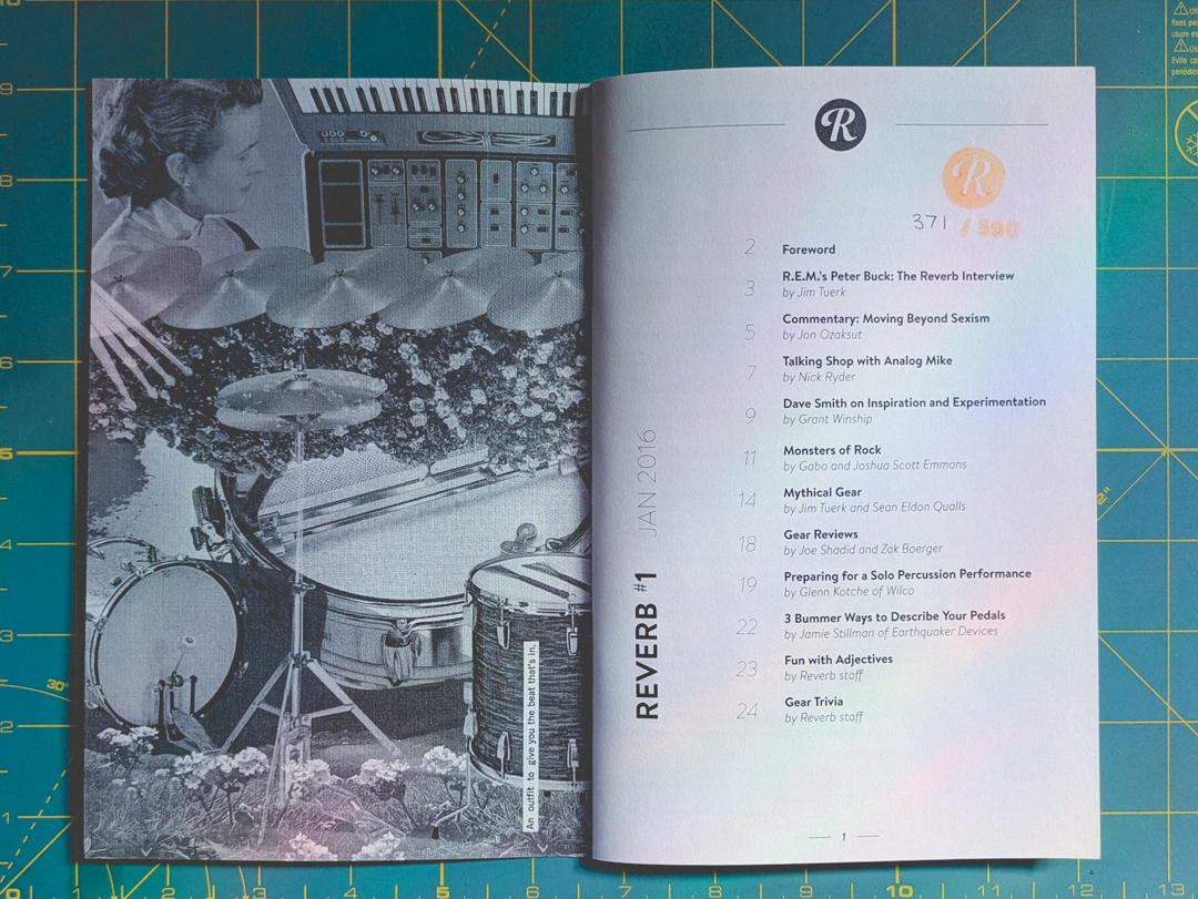 Photo of pages from the Reverb NAMM Zine, including an illustration and the table of contents