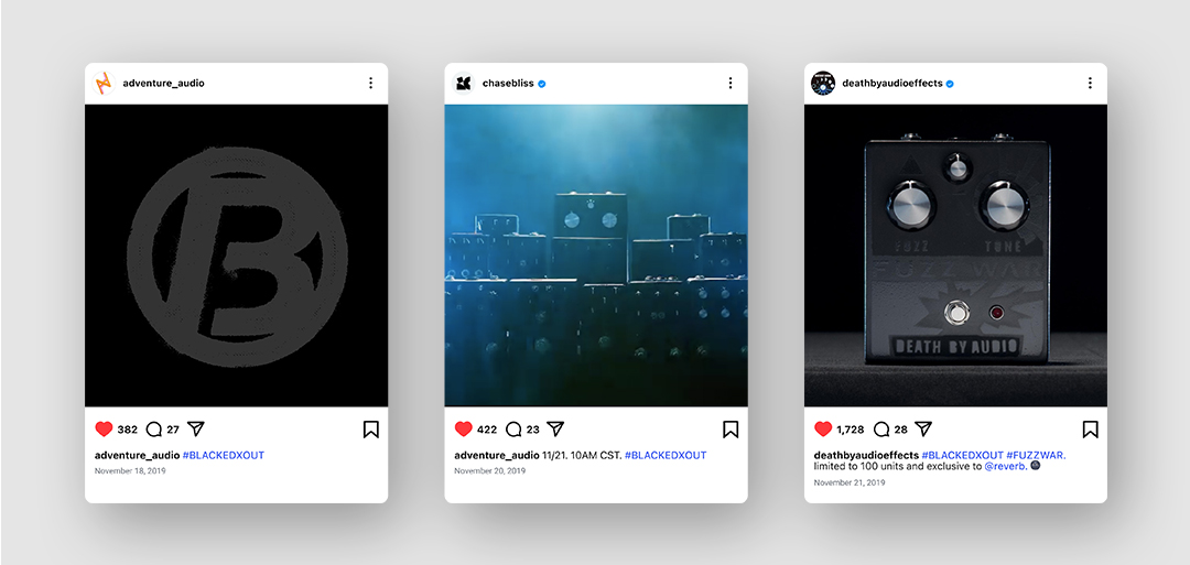 Images of Instagram posts from pedal builders using assets from the BLacked Out campaign