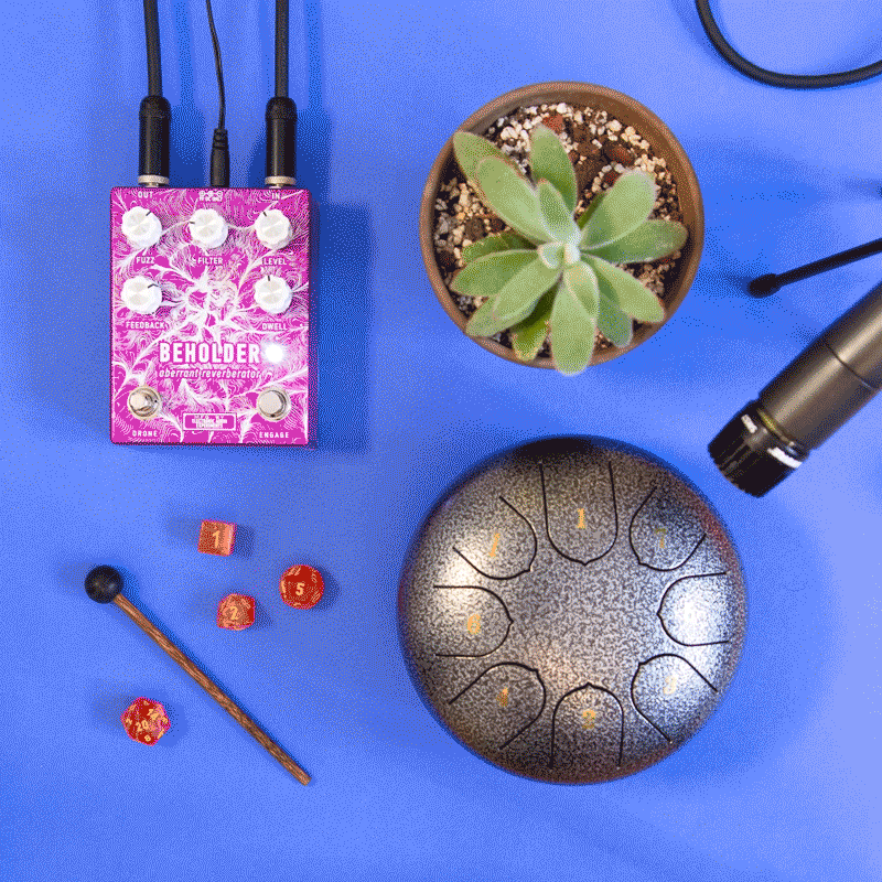 Animation of a person playing a small drum with a mallet into a microphone and effects pedals