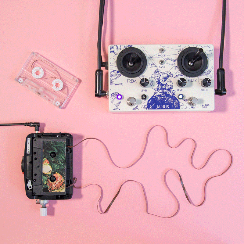 Animation of a person moving the joystick on an effect pedal while a cassette tape plays