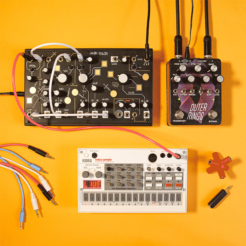 Animation of a person playing a drum machine and connecting CV cables between instruments