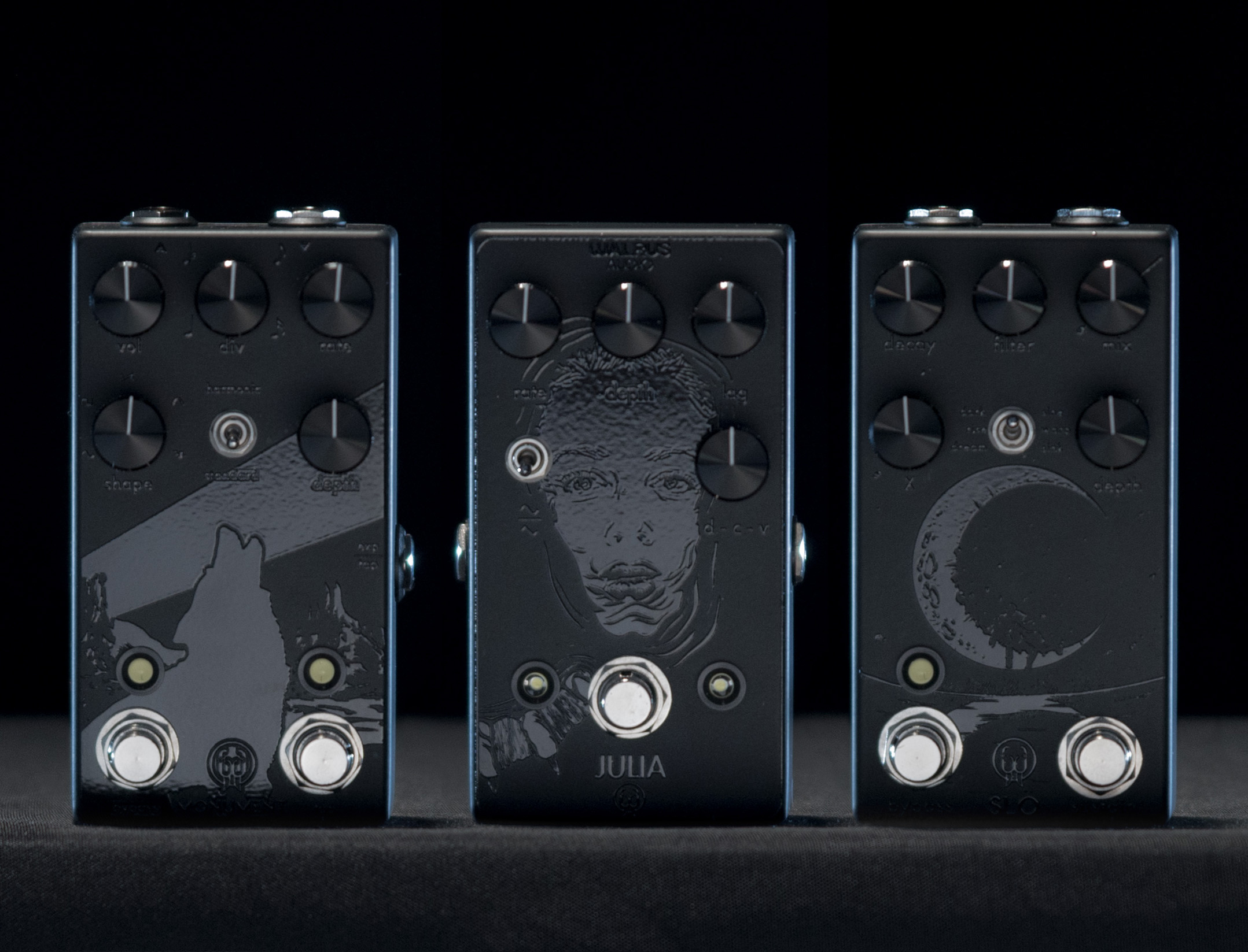 Photo of three Blacked Out versions of Walrus Audio pedals