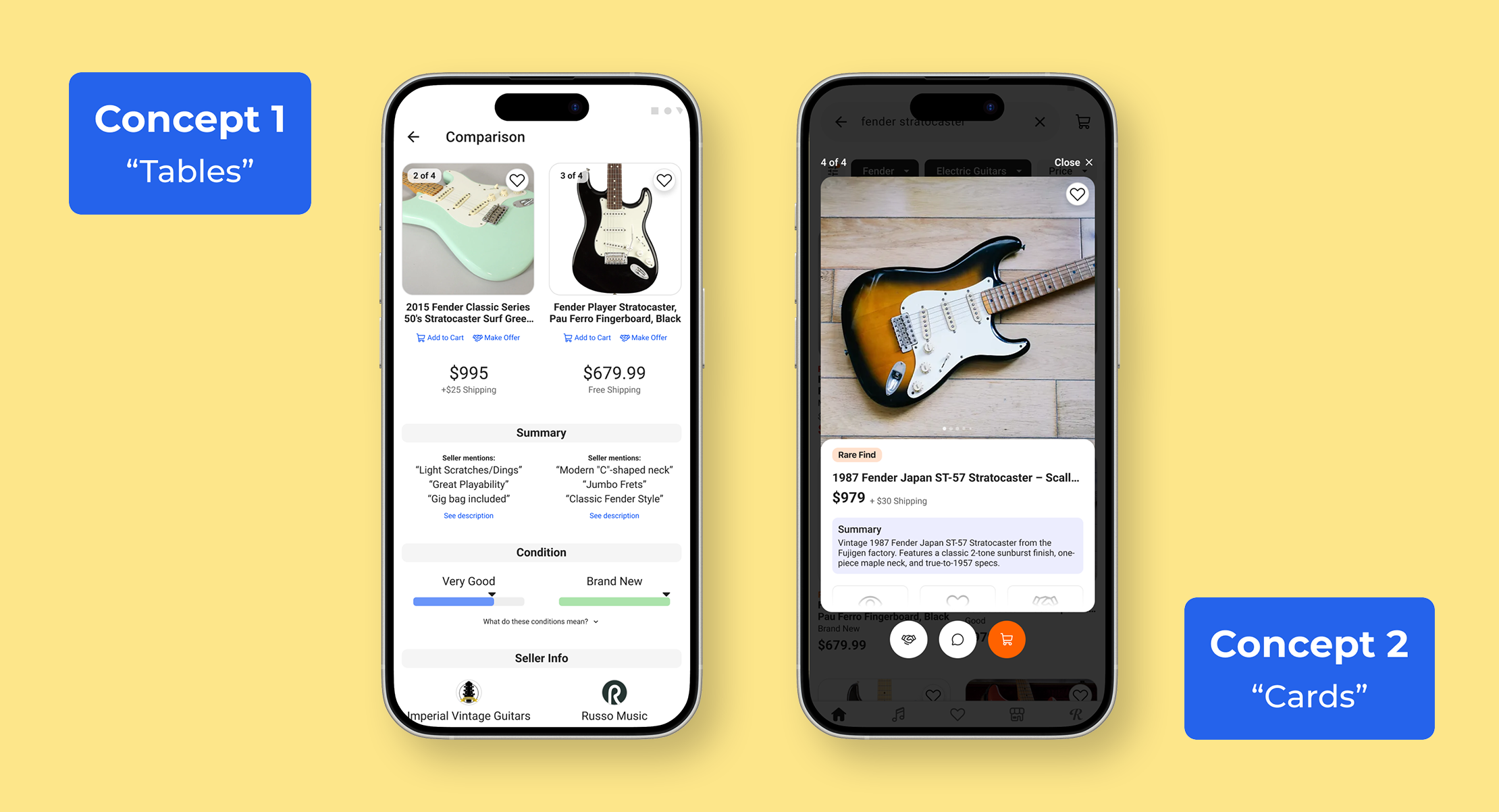 Divergent concepts for the comparison tool displayed on mobile devices