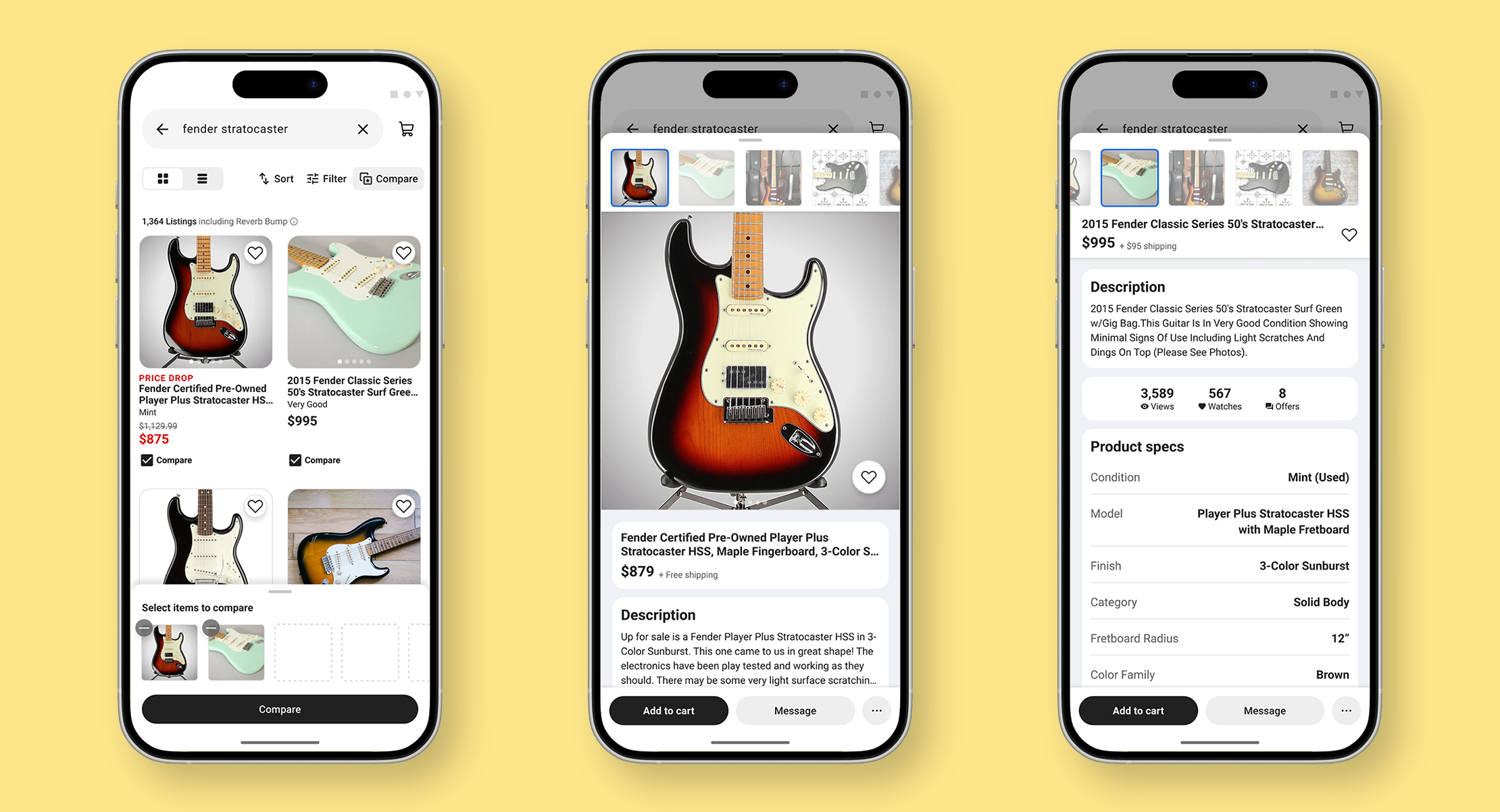 Final designs for 3 screens of the comparison tool