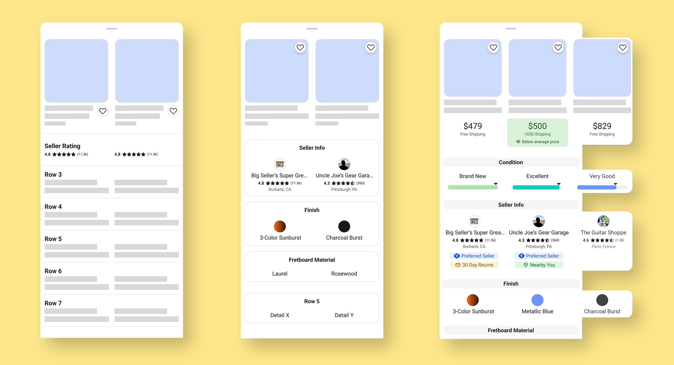 Wireframes of early comparison tool concepts