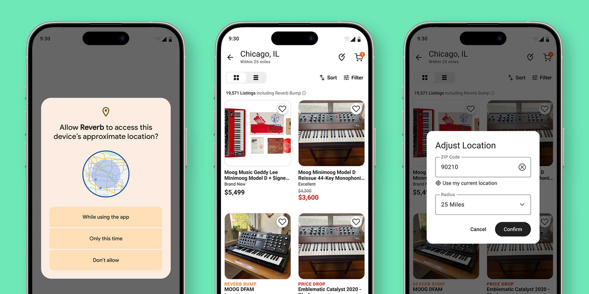 Mockups of screens from the updated local listings experience