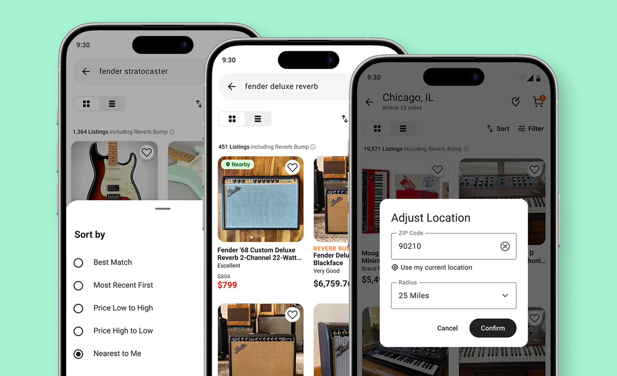 Mockups of phones with screens from Reverb's Local Listings experience