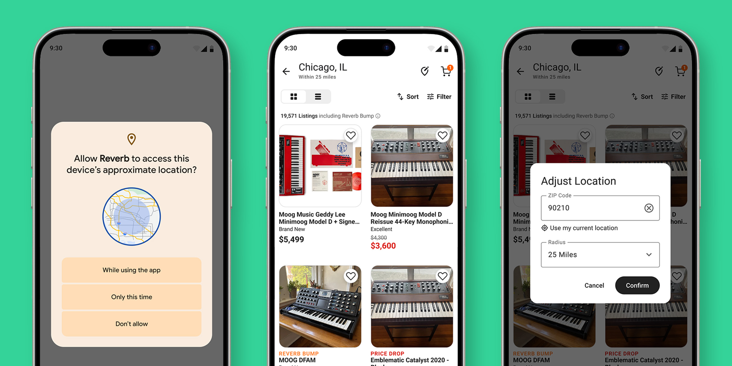 Mockups of phones with screens from Reverb's Local Listing experience