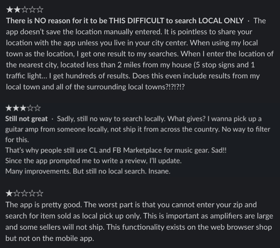 Negative App reviews raising issues with Reverb's local shopping experience