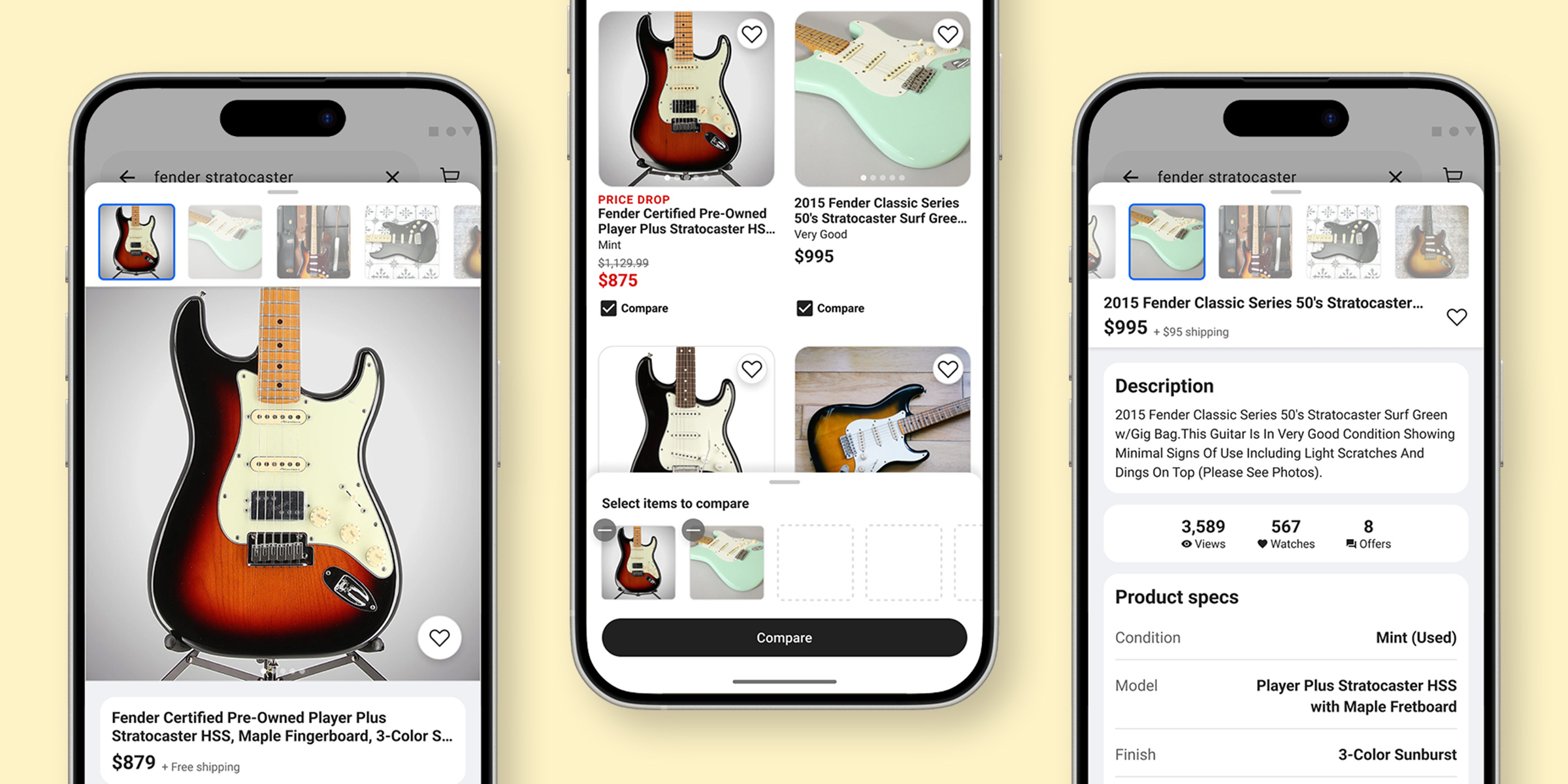 Mockups of phones with screens from the Reverb comparison tool