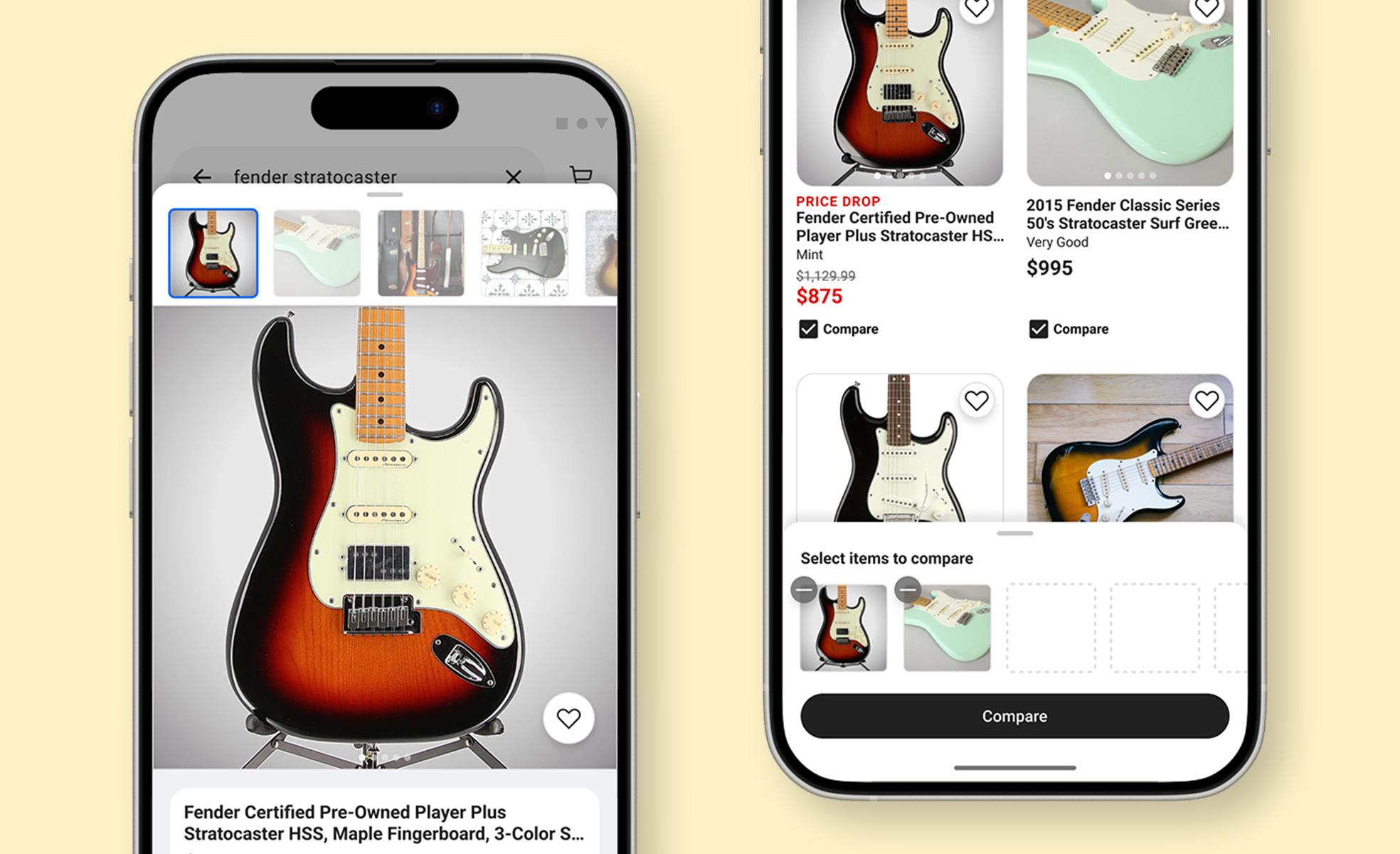 Mockups of phones with screens from the Reverb comparison tool