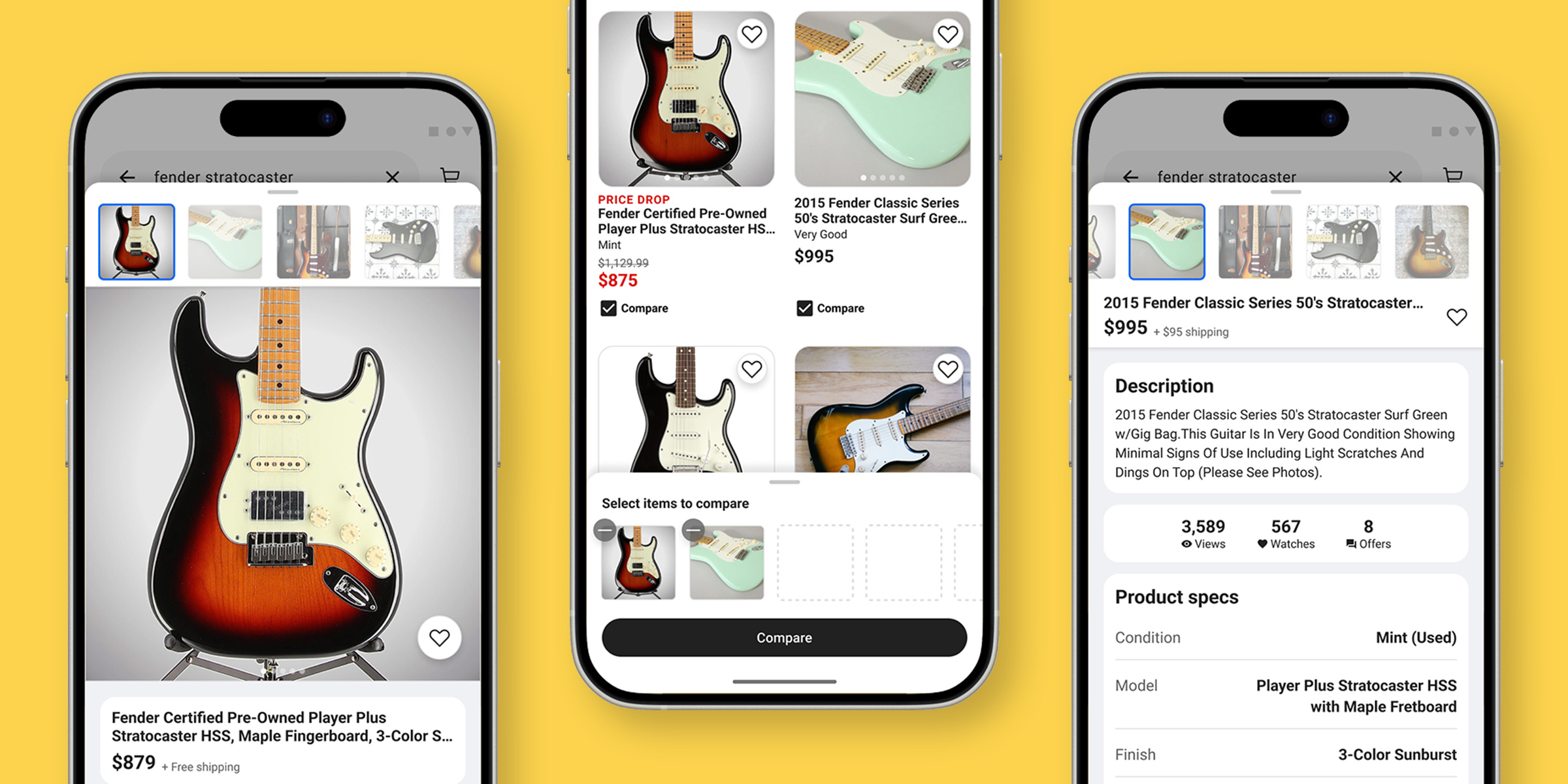 Mockups of phones with screens from the Reverb comparison tool