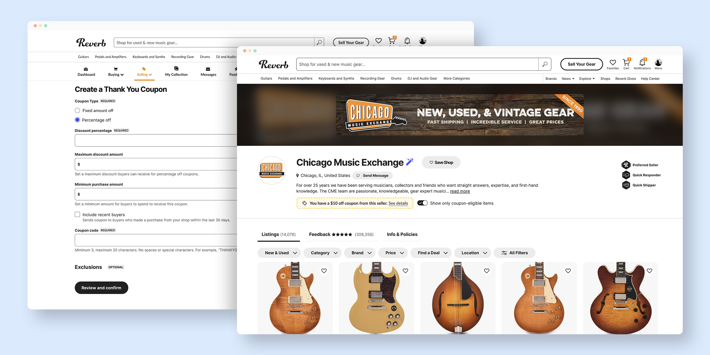 Mockups of phones with screens from the Reverb comparison tool