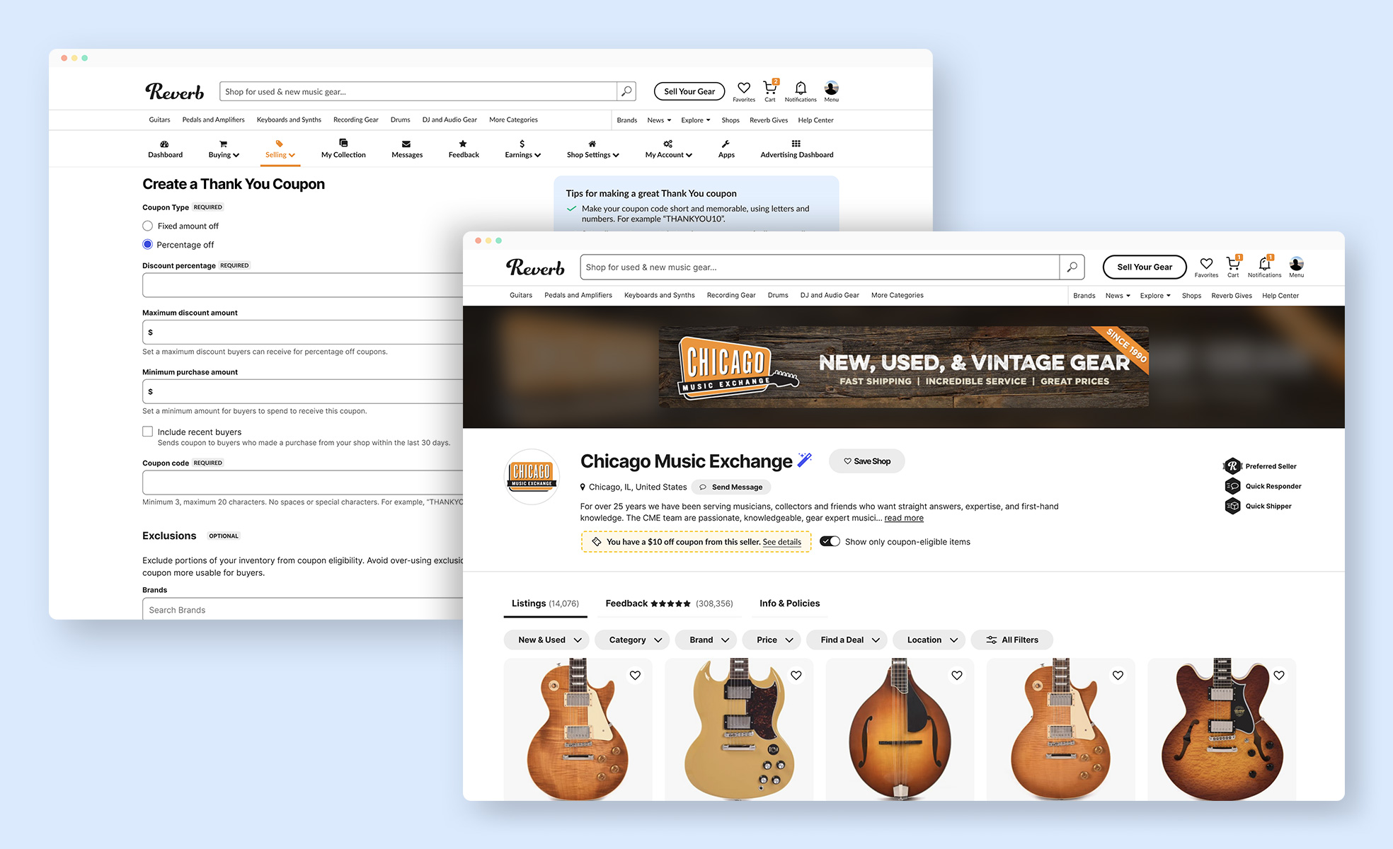 Mockups of phones with screens from the Reverb comparison tool