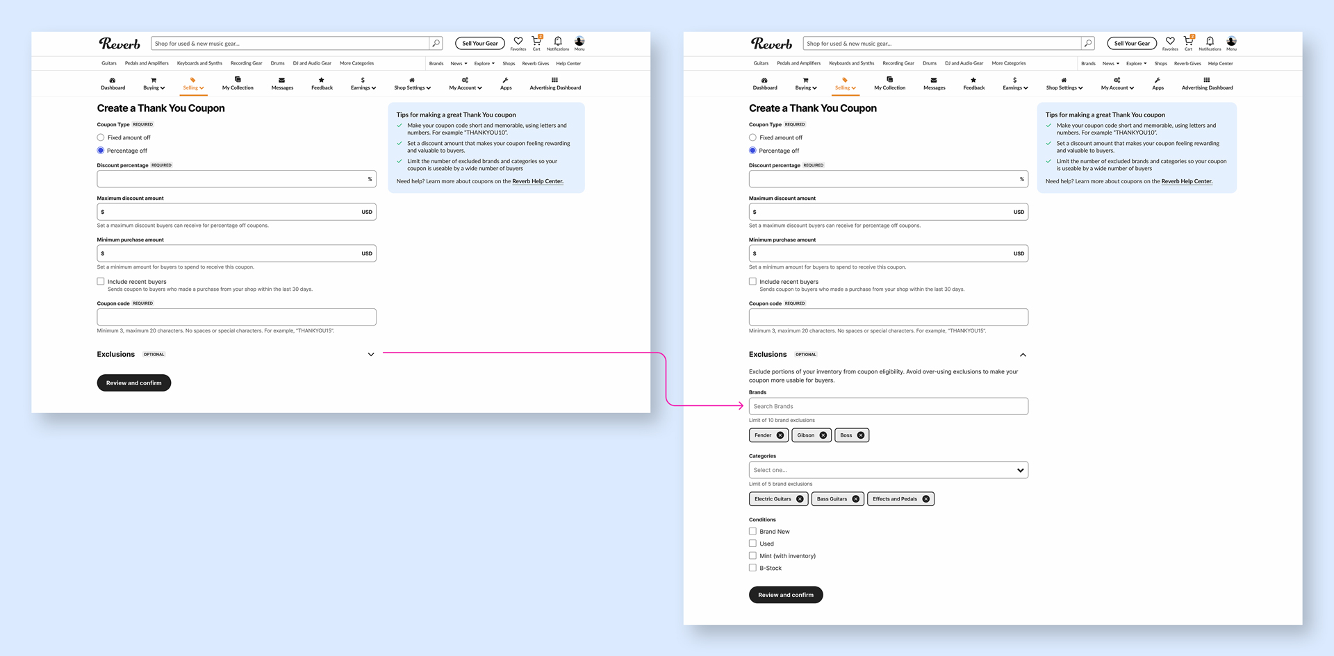 Screenshots of the finalized coupon creation form