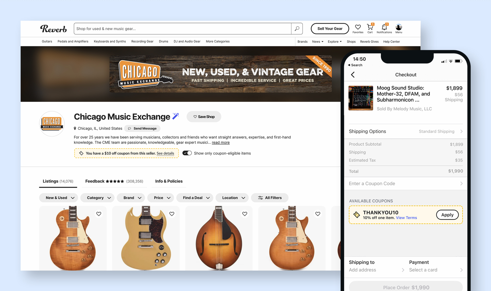 Screenshots of the coupon placements on the seller page and in checkout