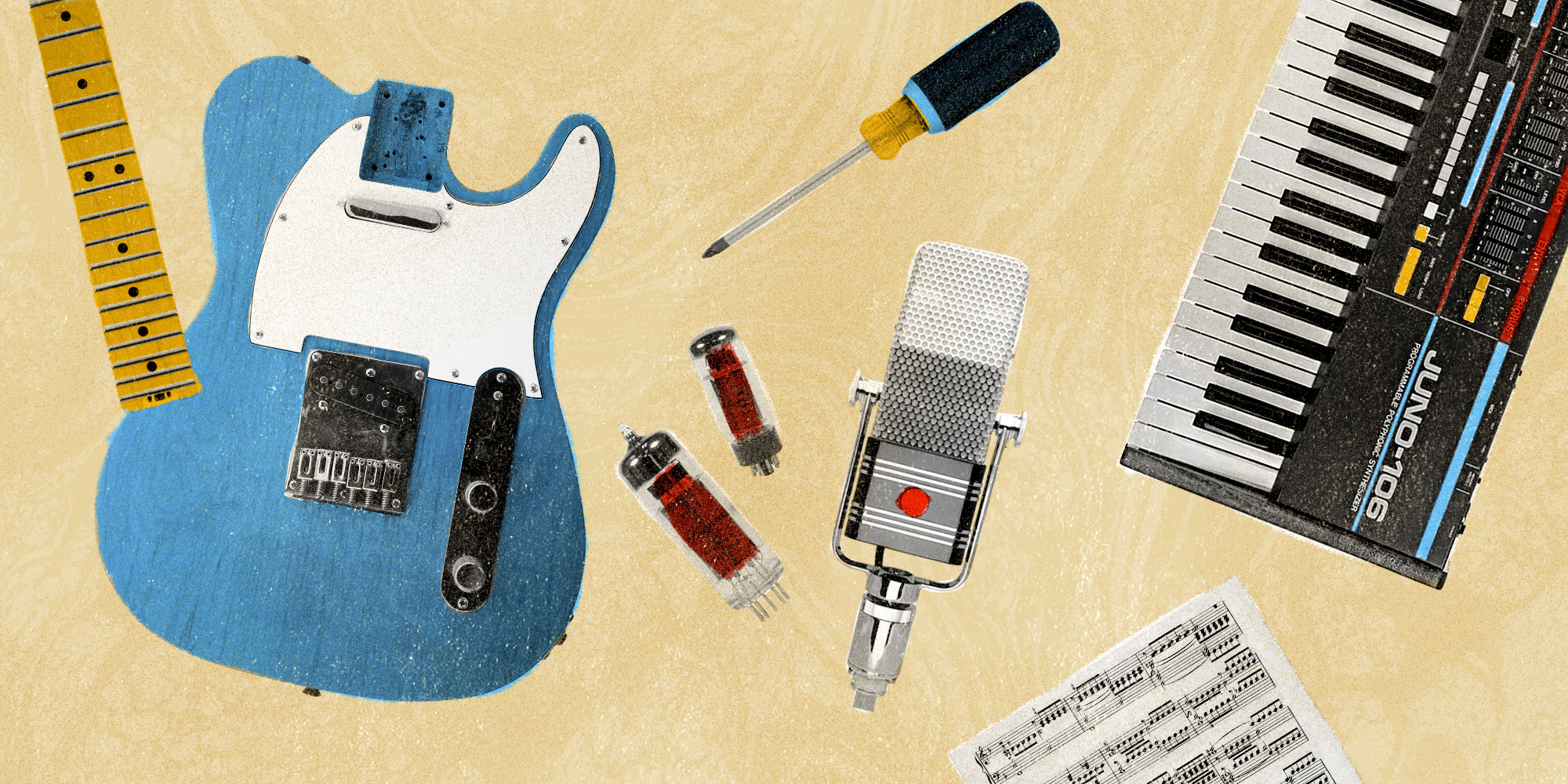 Illustration of guitar parts, tools, a microphone, and a synthesizer