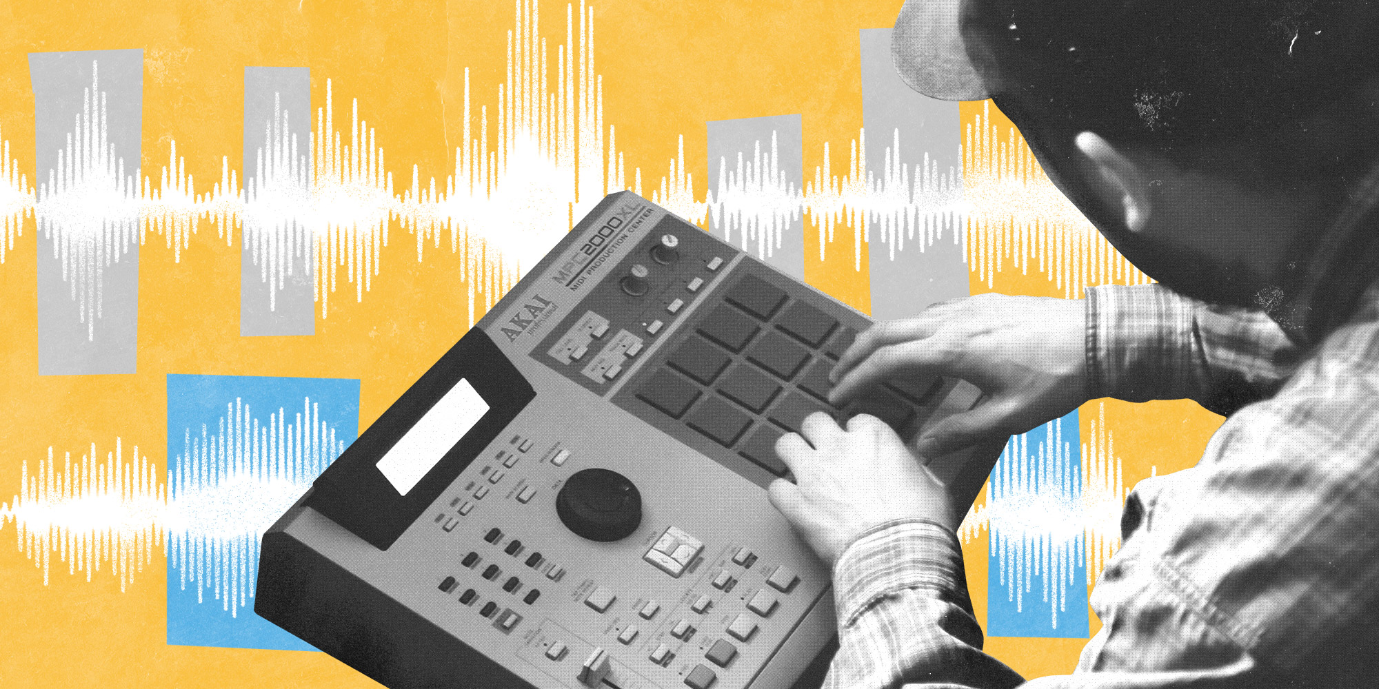 Illustration of a person performing on an Akai MPC over an abstract background