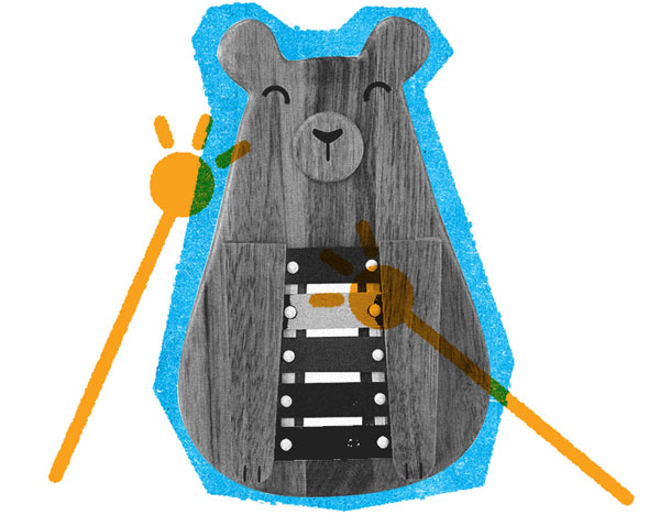 Print-like illustration of a toy glockenspiel, shaped like a bear