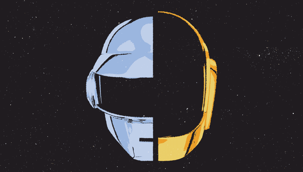Animated illustration of the masks of Daft Punk