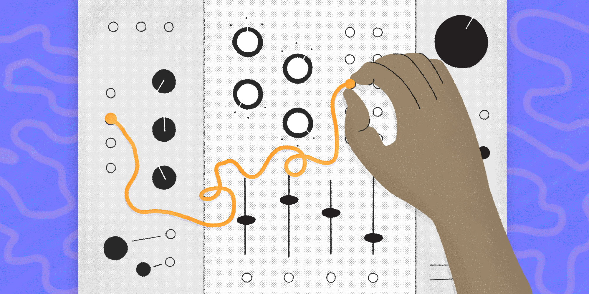 Drawing of a hand connecting a cable to an abstract representation of a modular synthesizer