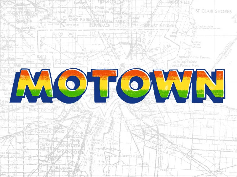 A stylized recreation of the Mowtown Records logo over an illustratied map of Detroit