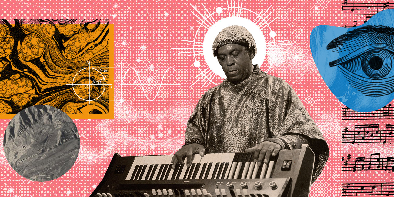 Illustration of Sun Ra playing a synthesizer with abstract design elements