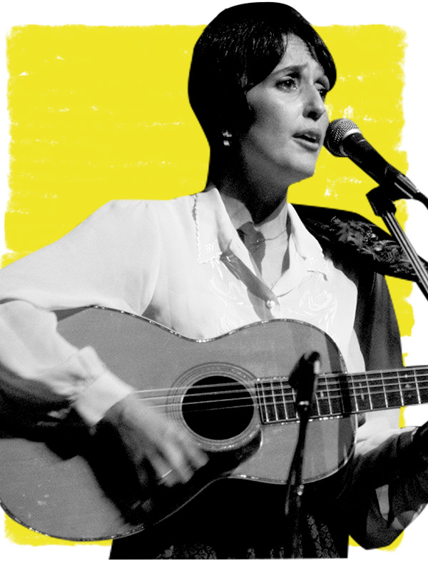Cut out black and white photo of Joan Baez on a yellow background