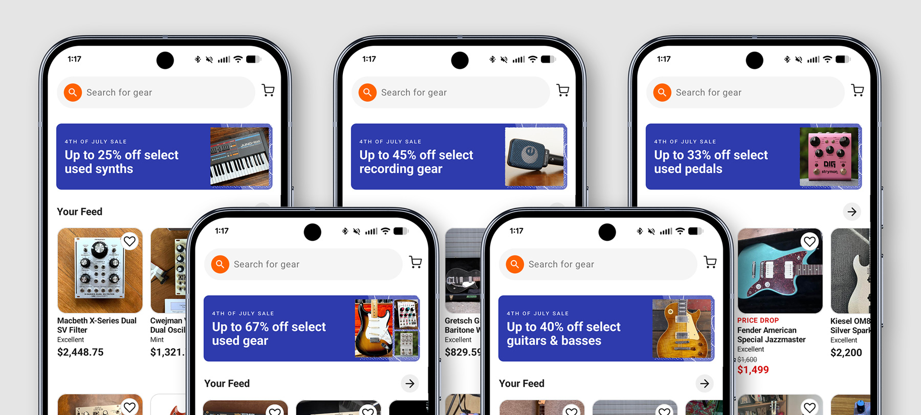 Mockups of the Reverb app homepage featuring various banner creative for the July 4th sale