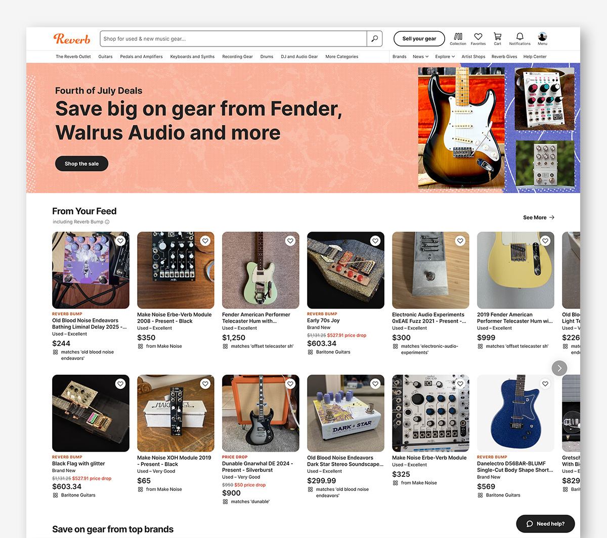 A screenshot of the Reverb homepage featuring a banner for the July 4th sale